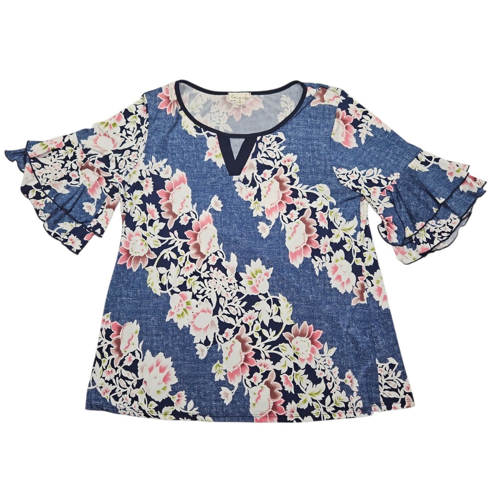 Emi & Joe Bell Sleeve Floral Blouse Blue Pink Notched Neck Top Sz M